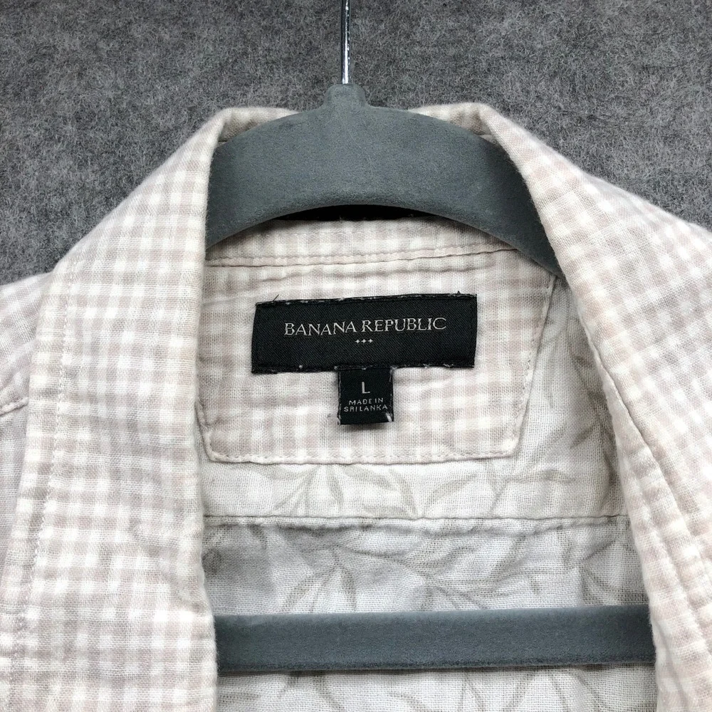 Banana Republic Untucked Double Cloth Shirt Mens L Long Sleeve Cream Gingham